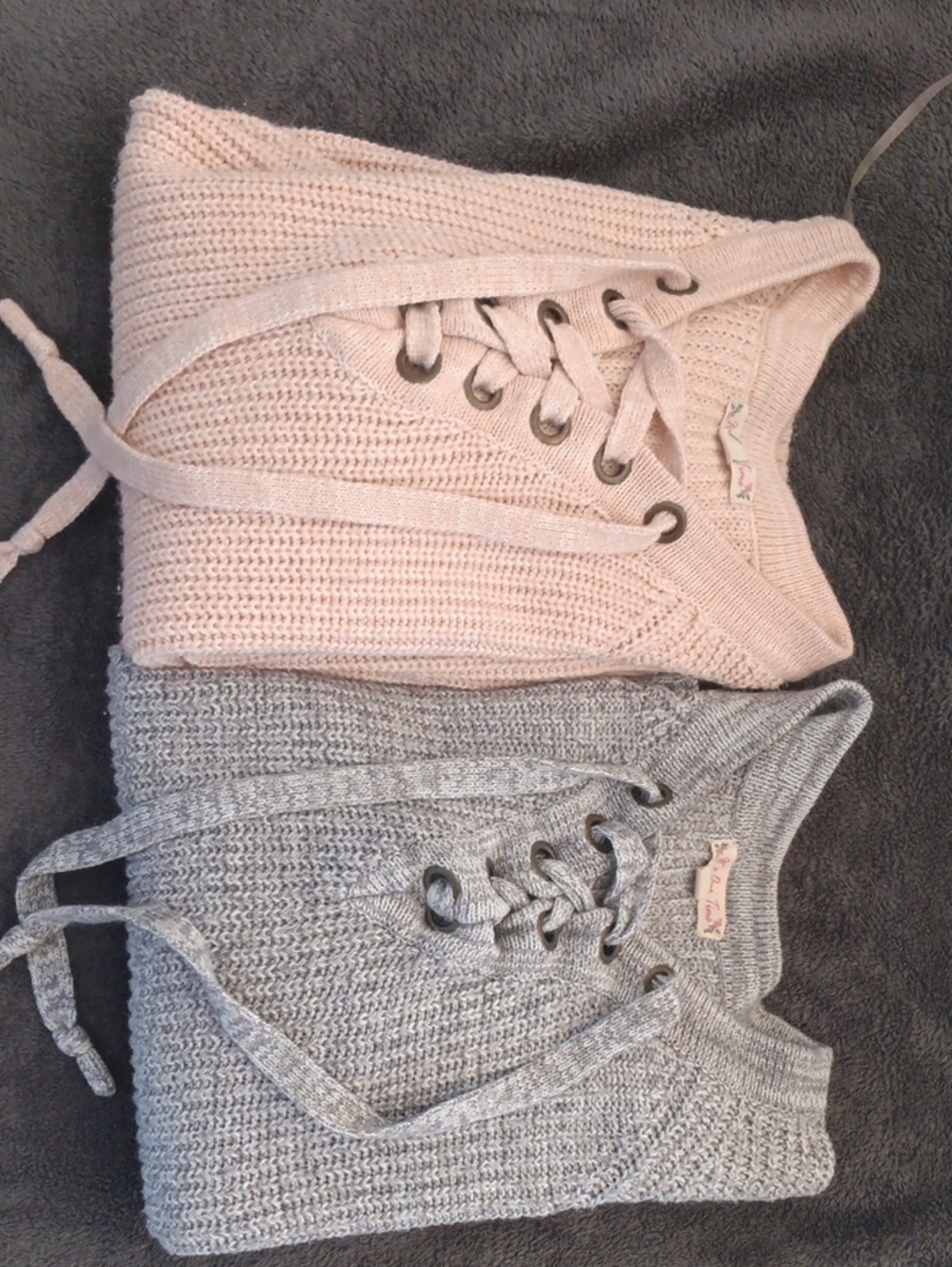 It's Our Time Lace-Up V-Neck Sweaters - Pale Pink & Heather Gray